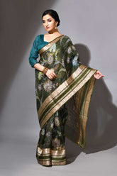 Olive Green Kalamkari Pure Kota Check Banarasi Handloom Saree